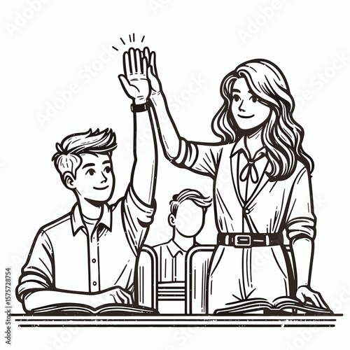 A American Assistant helping student raise hand. Career Job Profession Occupation Employment Work Clipart Line Art Vector Illustration. United states helper aiding pupil signal participation.
