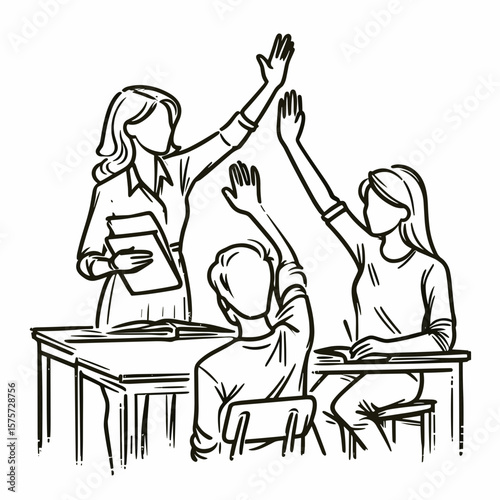 A American Assistant helping student raise hand. Career Job Profession Occupation Employment Work Clipart Line Art Vector Illustration. Usa helper aiding pupil signal query during lesson.