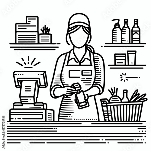 A American Cashier scanning grocery items. Career Job Profession Occupation Employment Work Clipart Line Art Vector Illustration. Usa checkout worker using scanner for retail product food.