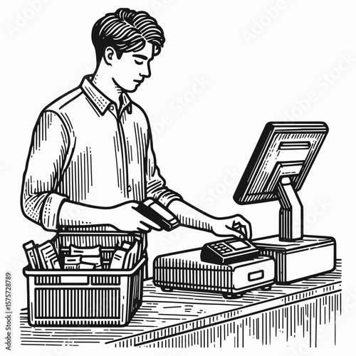 A American Cashier scanning grocery items. Career Job Profession Occupation Employment Work Clipart Line Art Vector Illustration. Usa checkout worker processes food purchase at retail point.