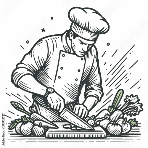 A American Chef chopping vegetables quickly. Career Job Profession Occupation Employment Work Clipart Line Art Vector Illustration. Us cook slicing produce fast expert kitchen preparation.