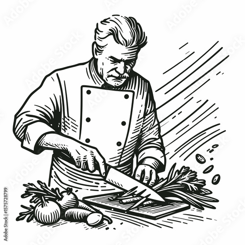A American Chef plating gourmet presentation. Career Job Profession Occupation Employment Work Clipart Line Art Vector Illustration. Us culinary expert arranging upscale meal design.