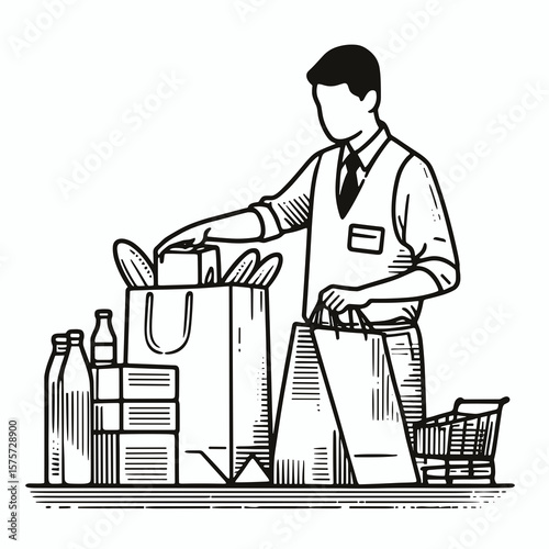 A American Clerk assisting bagging groceries. Career Job Profession Occupation Employment Work Clipart Line Art Vector Illustration. Usa employee helping pack merchandise after client.