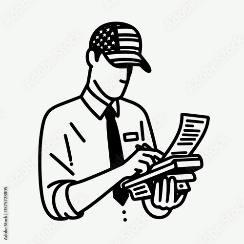A American Clerk scanning items quickly. Career Job Profession Occupation Employment Work Clipart Line Art Vector Illustration. Usa employee processing goods rapidly utilizing checkout.