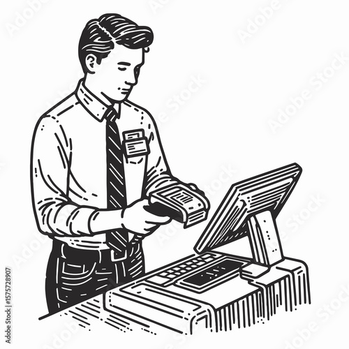 A American Clerk scanning items quickly. Career Job Profession Occupation Employment Work Clipart Line Art Vector Illustration. Usa employee processes merchandise rapidly at retail checkout.
