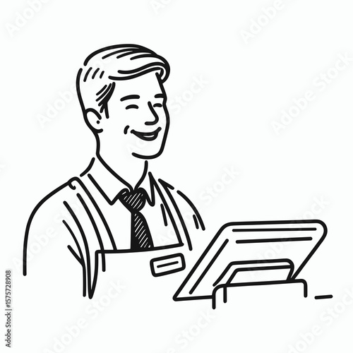 A American Clerk smiling during checkout. Career Job Profession Occupation Employment Work Clipart Line Art Vector Illustration. Happy usa employee at till providing good customer service.