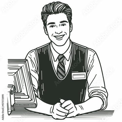 A American Clerk smiling during checkout. Career Job Profession Occupation Employment Work Clipart Line Art Vector Illustration. Usa counter worker happy at pay point good client service.