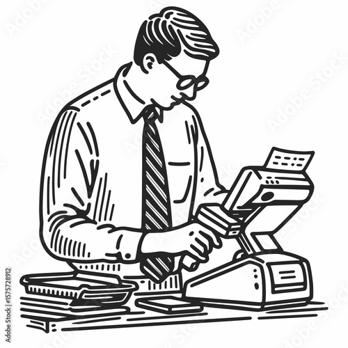 A American Clerk scanning items quickly. Career Job Profession Occupation Employment Work Clipart Line Art Vector Illustration. Us shop worker verifying merchandise fast performing.