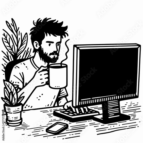 A American Developer debugging with coffee mug. Career Job Profession Occupation Employment Work Clipart Line Art Vector Illustration. Usa coder fixing program issue java using joe beverage.