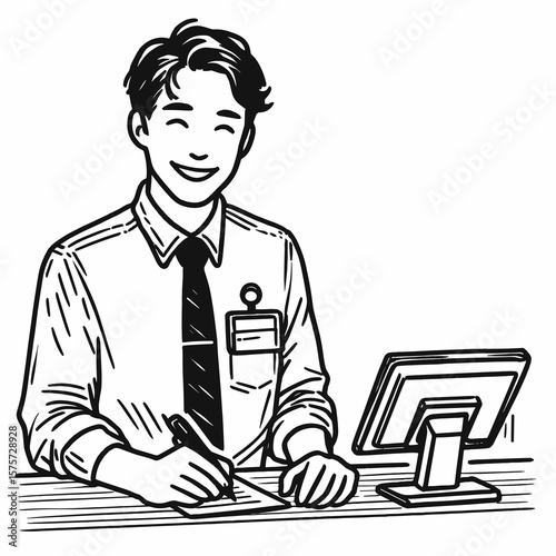 A American Clerk smiling during checkout. Career Job Profession Occupation Employment Work Clipart Line Art Vector Illustration. Happy united states employee aiding buyer at the register.