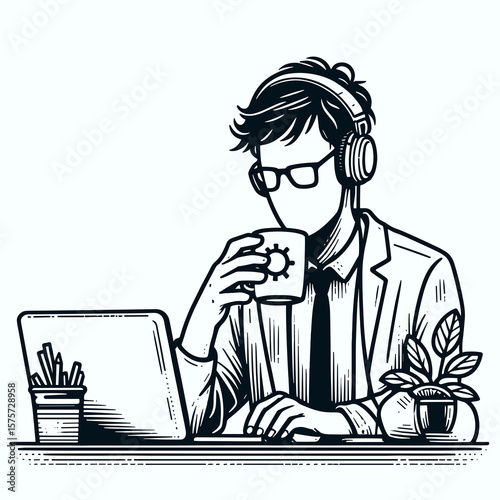 A American Developer debugging with coffee mug. Career Job Profession Occupation Employment Work Clipart Line Art Vector Illustration. Usa coder fixing problem using hot drink container.