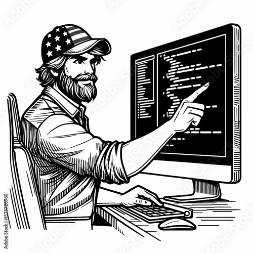 A American Developer pointing at code screen. Career Job Profession Occupation Employment Work Clipart Line Art Vector Illustration. United states programmer indicating computer display.