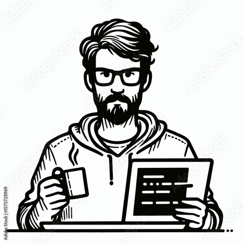 A American Developer debugging with coffee mug. Career Job Profession Occupation Employment Work Clipart Line Art Vector Illustration. Usa coder fixing code java cup programmer at work.