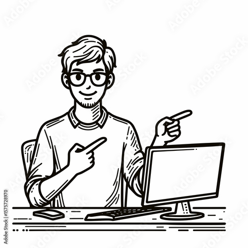 A American Developer pointing at code screen. Career Job Profession Occupation Employment Work Clipart Line Art Vector Illustration. Usa programmer indicating computer display with program.