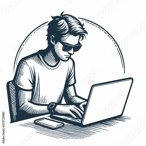 A American Developer typing on laptop. Career Job Profession Occupation Employment Work Clipart Line Art Vector Illustration. Usa coder using portable computer for program coding pc.