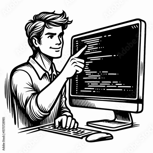 A American Developer pointing at code screen. Career Job Profession Occupation Employment Work Clipart Line Art Vector Illustration. Usa programmer indicating display of digital script.