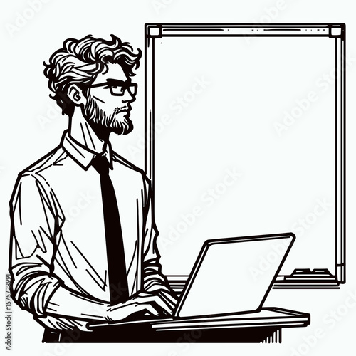 A American Developer reviewing code on whiteboard. Career Job Profession Occupation Employment Work Clipart Line Art Vector Illustration. Usa coder inspecting program draft upon marker board.