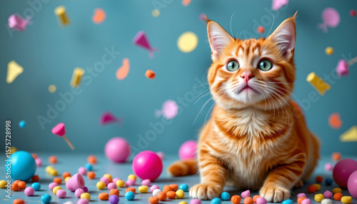 Celebrating international cat day playful cats surrounded by colorful confetti in a vibrant indoor setting