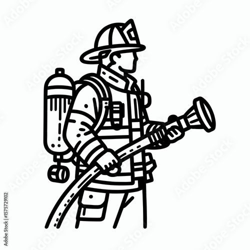 A American Firefighter carrying hose nozzle. Career Job Profession Occupation Employment Work Clipart Line Art Vector Illustration. Usa rescuer hauling water spout brave of fire prevention.