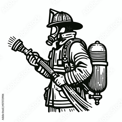 A American Firefighter carrying hose nozzle. Career Job Profession Occupation Employment Work Clipart Line Art Vector Illustration. Usa rescuer with waterway spout delivering stream.