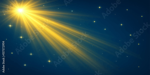 Deep dark blue abstract background with soft golden rays and glowing light sparkles