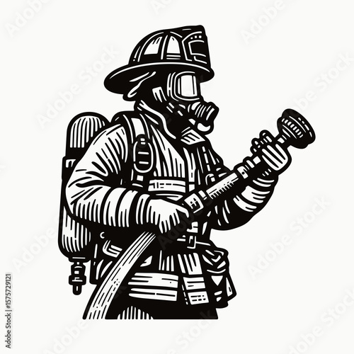 A American Firefighter carrying hose nozzle. Career Job Profession Occupation Employment Work Clipart Line Art Vector Illustration. Usa rescuer toting pipe spout national brave worker.
