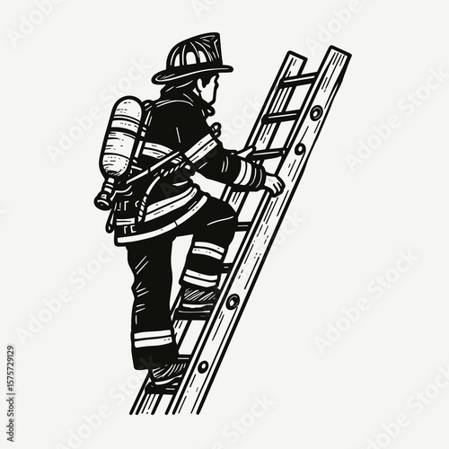 A American Firefighter climbing ladder rescue. Career Job Profession Occupation Employment Work Clipart Line Art Vector Illustration. Usa rescuer ascending stairway aiding people in peril.
