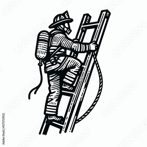 A American Firefighter climbing ladder rescue. Career Job Profession Occupation Employment Work Clipart Line Art Vector Illustration. Usa rescuer ascending extension aiding citizen.