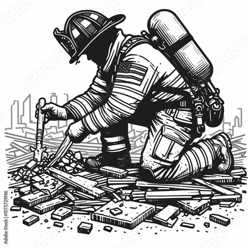 A American Firefighter removing debris rubble. Career Job Profession Occupation Employment Work Clipart Line Art Vector Illustration. Usa rescuer clearing wreckage at disaster location.