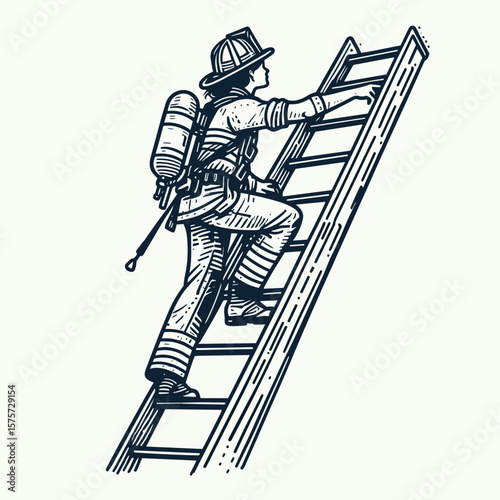 A American Firefighter climbing ladder rescue. Career Job Profession Occupation Employment Work Clipart Line Art Vector Illustration. Usa rescuer ascends incline support aid save lives.