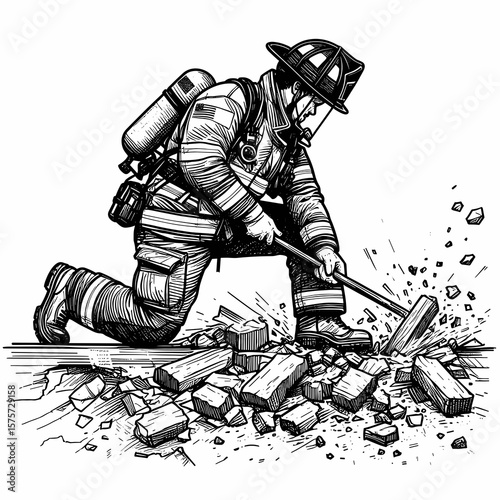 A American Firefighter removing debris rubble. Career Job Profession Occupation Employment Work Clipart Line Art Vector Illustration. United states rescuer clearing wreckage fragments.