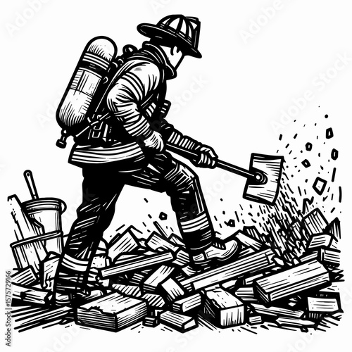 A American Firefighter removing debris rubble. Career Job Profession Occupation Employment Work Clipart Line Art Vector Illustration. usa rescuer clearing wreckage after disaster.