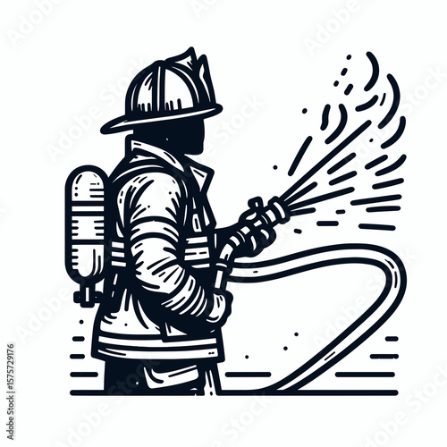 A American Firefighter spraying water flame. Career Job Profession Occupation Employment Work Clipart Line Art Vector Illustration. Usa rescuer using fluid jet on blaze an emergency service.