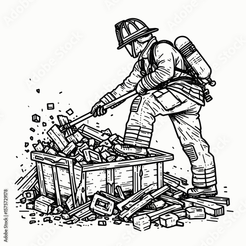 A American Firefighter removing debris rubble. Career Job Profession Occupation Employment Work Clipart Line Art Vector Illustration. Usa rescuer clearing wreckage after disaster demolition.