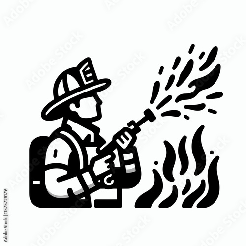 A American Firefighter spraying water flame. Career Job Profession Occupation Employment Work Clipart Line Art Vector Illustration. Usa emergency worker utilizing jet of liquid to extinguish.