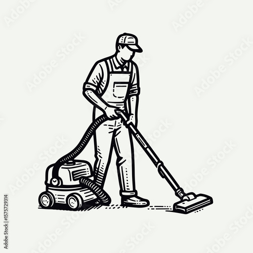 A American Janitor operating vacuum cleaner. Career Job Profession Occupation Employment Work Clipart Line Art Vector Illustration. u.s. cleaner using floor care device housekeeping worker.