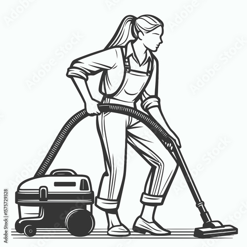 A American Janitor operating vacuum cleaner. Career Job Profession Occupation Employment Work Clipart Line Art Vector Illustration. Us cleaner at work handling domestic appliance.