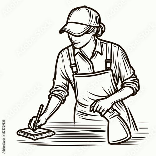 A American Janitor wiping down surfaces. Career Job Profession Occupation Employment Work Clipart Line Art Vector Illustration. United states cleaner tidying area with rag common.