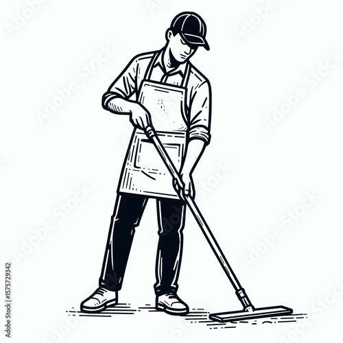 A American Janitor wiping down surfaces. Career Job Profession Occupation Employment Work Clipart Line Art Vector Illustration. United states cleaner tidying areas sanitation worker.
