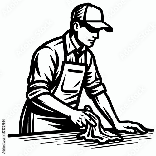A American Janitor wiping down surfaces. Career Job Profession Occupation Employment Work Clipart Line Art Vector Illustration. United states cleaner polishing areas workplace sanitation.