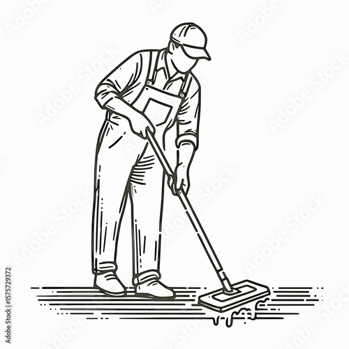 A American Janitor wiping down surfaces. Career Job Profession Occupation Employment Work Clipart Line Art Vector Illustration. Usa cleaner job removing grime from area with cloth domestic.
