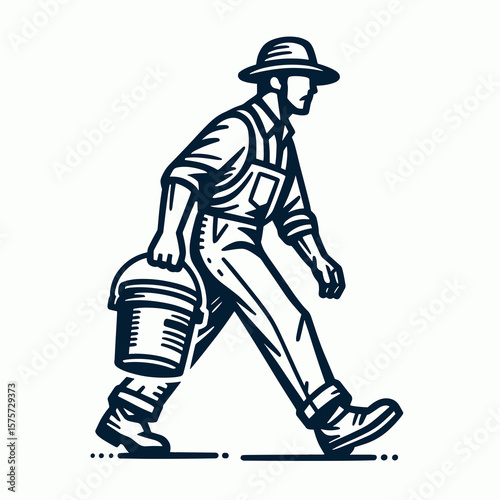A American Laborer carrying cement bucket. Career Job Profession Occupation Employment Work Clipart Line Art Vector Illustration. Usa construction worker holding concrete pail.