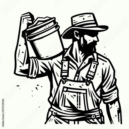 A American Laborer carrying cement bucket. Career Job Profession Occupation Employment Work Clipart Line Art Vector Illustration. Usa construction worker toting mortar pail at location.