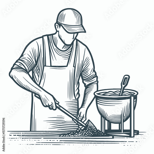A American Laborer mixing cement with shovel. Career Job Profession Occupation Employment Work Clipart Line Art Vector Illustration. Usa jobholder blending mortar using spade building trade.