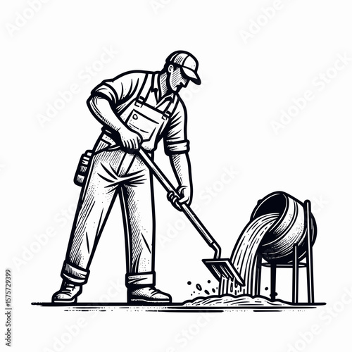 A American Laborer mixing cement with shovel. Career Job Profession Occupation Employment Work Clipart Line Art Vector Illustration. Usa worker blending mortar using spade construction job.