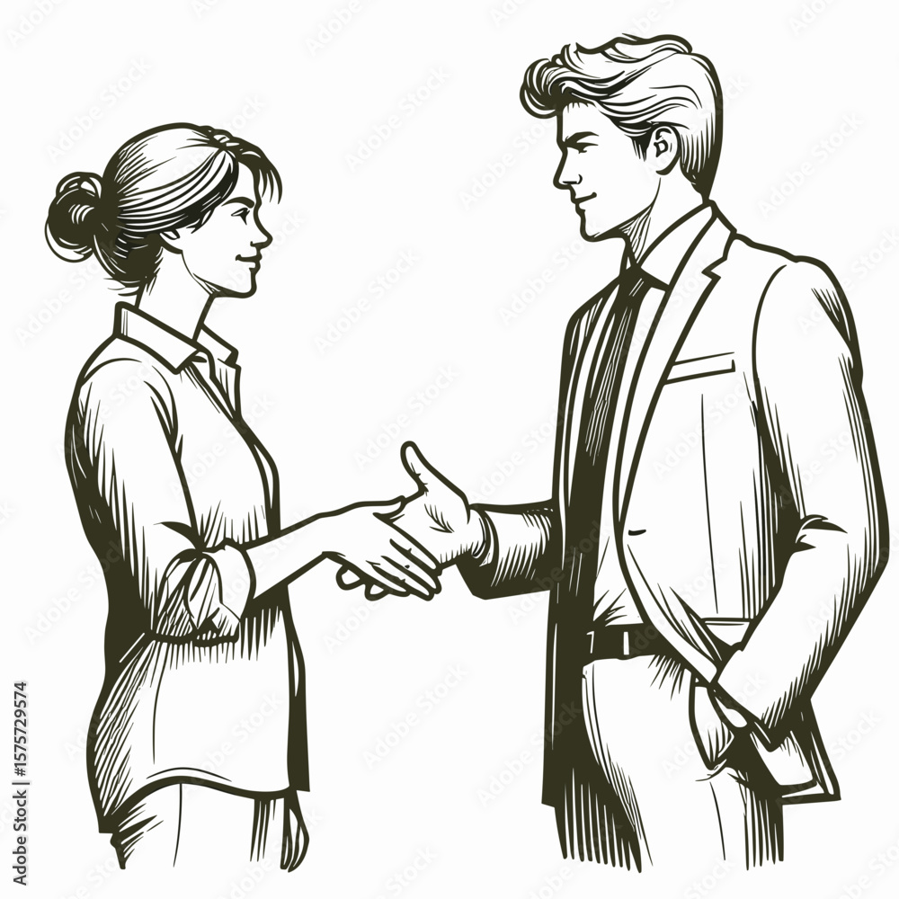 Fototapeta premium A American Manager greeting team member. Career Job Profession Occupation Employment Work Clipart Line Art Vector Illustration. United states leader welcomes group associate with pleasant.