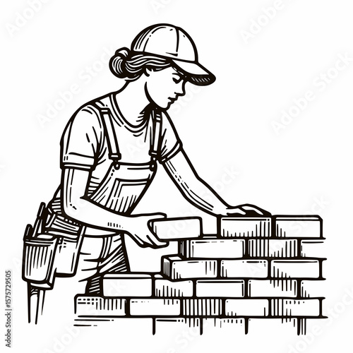 A American Laborer stacking bricks wall. Career Job Profession Occupation Employment Work Clipart Line Art Vector Illustration. Us builder arranging block partition manual scene.