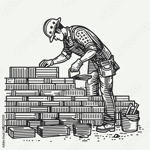 A American Laborer stacking bricks wall. Career Job Profession Occupation Employment Work Clipart Line Art Vector Illustration. Us tradesman placing blocks building brickwork structure at.