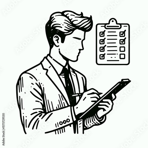 A American Manager checking clipboard notes. Career Job Profession Occupation Employment Work Clipart Line Art Vector Illustration. Usa executive verifying data on writing board jotting.