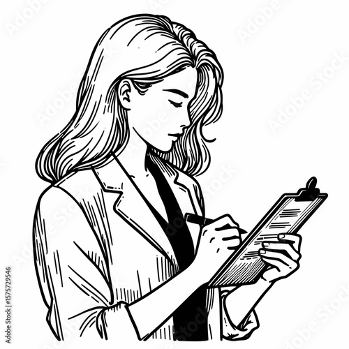 A American Manager checking clipboard notes. Career Job Profession Occupation Employment Work Clipart Line Art Vector Illustration. usa executive reviewing pad memo inspection data plan.